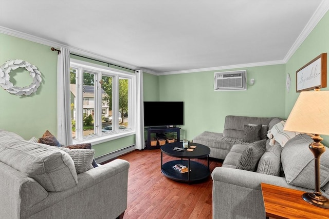 39 Taylor St Unit 39, Haverhill, MA 01830 - living area featuring a baseboard heating unit, ornamental molding, wood finished floors, and an AC wall unit