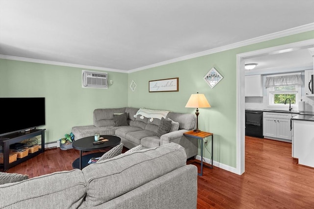 39 Taylor St Unit 39, Haverhill, MA 01830 - living area with a wall mounted AC, crown molding, and wood finished floors
