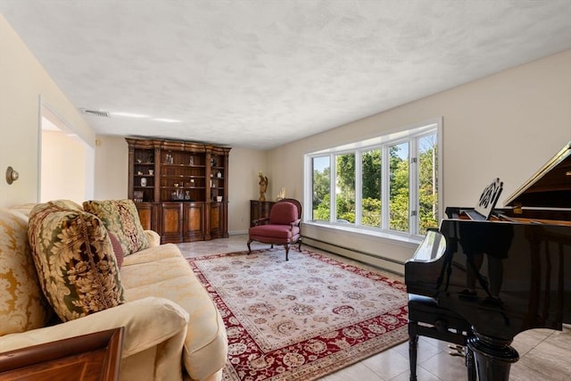 6 Gavin Cir, Stoneham, MA 02180 - living room with a baseboard heating unit, tile patterned flooring, and a textured ceiling