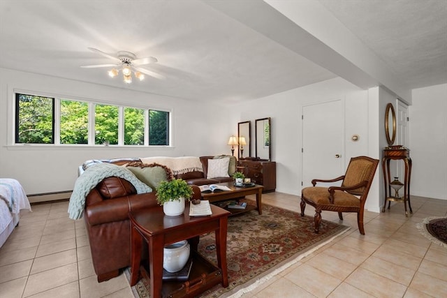 6 Gavin Cir, Stoneham, MA 02180 - living room with light tile patterned floors, ceiling fan, and a baseboard heating unit