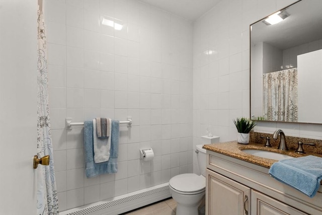 6 Gavin Cir, Stoneham, MA 02180 - full bath featuring a baseboard radiator, vanity, curtained shower, and tile walls