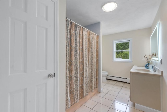 6 Gavin Cir, Stoneham, MA 02180 - bathroom featuring baseboard heating, vanity, tile patterned floors, and a shower with shower curtain