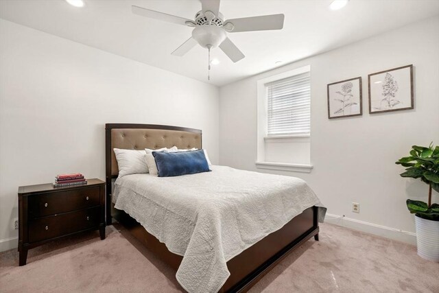 carpeted bedroom with recessed lighting, baseboards, and a ceiling fan