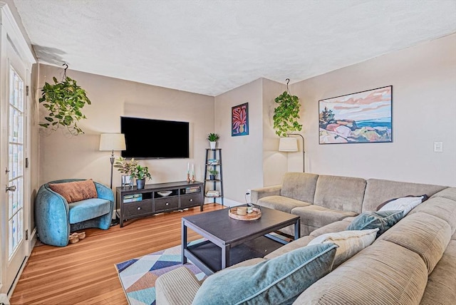 living room featuring wood finished floors and a textured ceiling