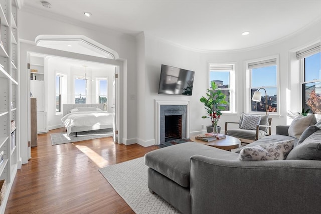 living area featuring crown molding, wood finished floors, and a healthy amount of sunlight