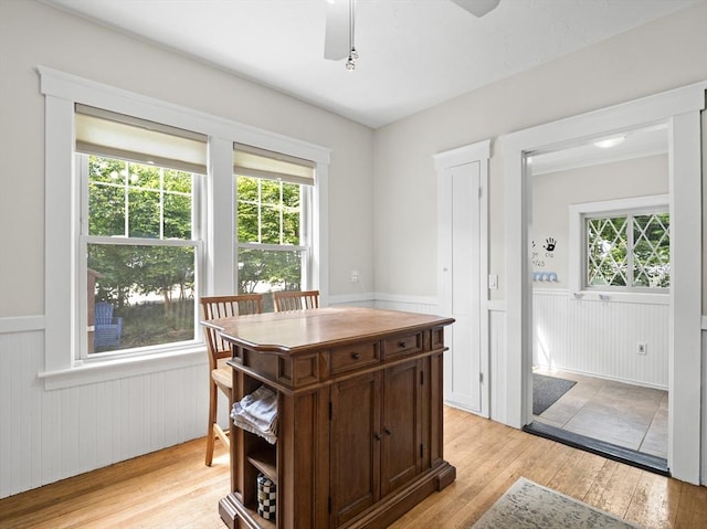 537 Milk St, Fitchburg, MA 01420 - dining space featuring ceiling fan, light wood-style floors, a wainscoted wall, and healthy amount of natural light