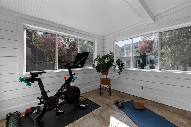 exercise room with plenty of natural light and lofted ceiling