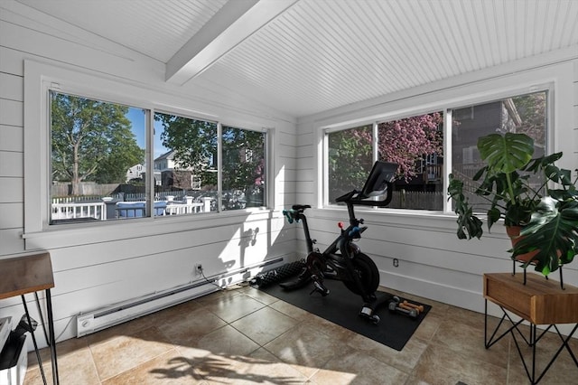 exercise area with lofted ceiling