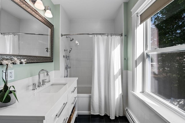 bathroom featuring vanity, a baseboard radiator, shower / bathtub combination with curtain, and tile patterned flooring