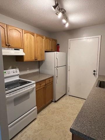 14 Village Way Unit 23, Natick, MA 01760 - kitchen with white appliances, under cabinet range hood, a textured ceiling, light flooring, and rail lighting