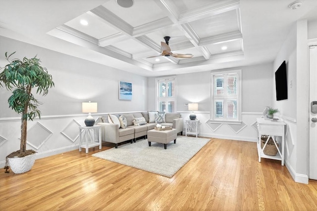49 Baldwin St Unit 1, Boston, MA 02129 - living room with a ceiling fan, light wood-style floors, coffered ceiling, beamed ceiling, and recessed lighting