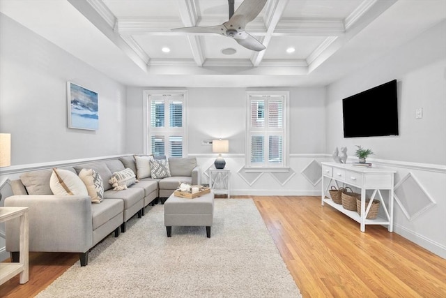 49 Baldwin St Unit 1, Boston, MA 02129 - living room featuring light wood-style floors, coffered ceiling, ceiling fan, crown molding, and beamed ceiling