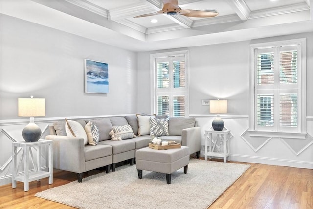 49 Baldwin St Unit 1, Boston, MA 02129 - living room with coffered ceiling, crown molding, wood finished floors, a ceiling fan, and beamed ceiling