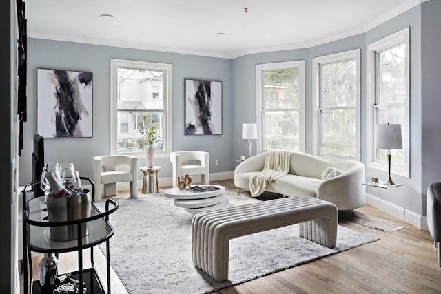 sitting room with crown molding, light wood-style flooring, and a healthy amount of sunlight