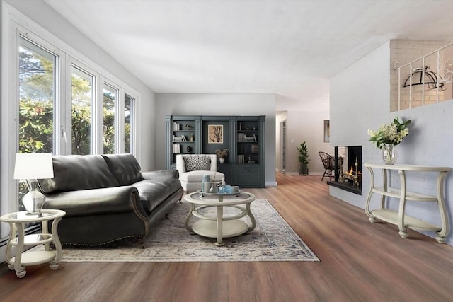 living room featuring wood-type flooring and a multi sided fireplace