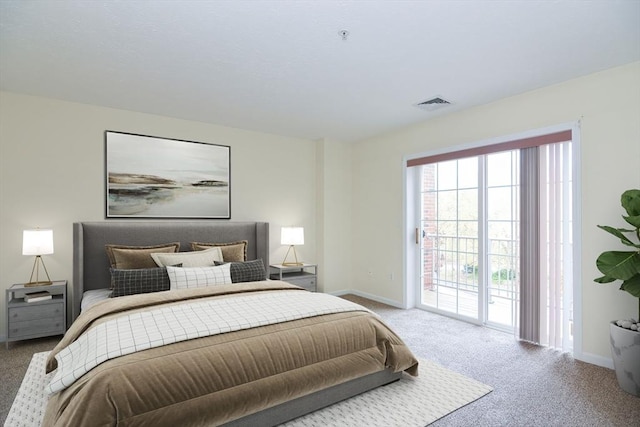 bedroom with baseboards, access to outside, carpet, and visible vents