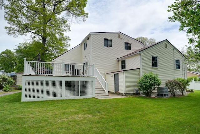 back of house with stairs, a wooden deck, and cooling unit