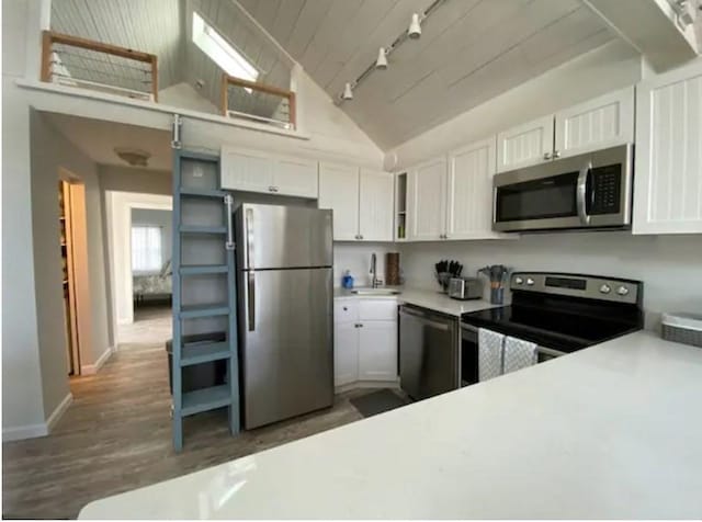 kitchen featuring white cabinetry, appliances with stainless steel finishes, dark hardwood / wood-style floors, and lofted ceiling