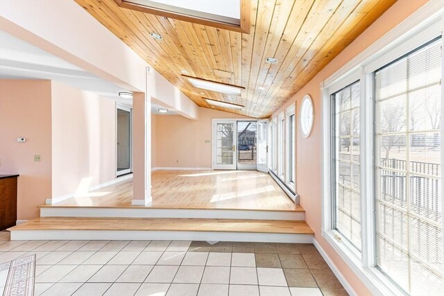 unfurnished sunroom with lofted ceiling and wooden ceiling
