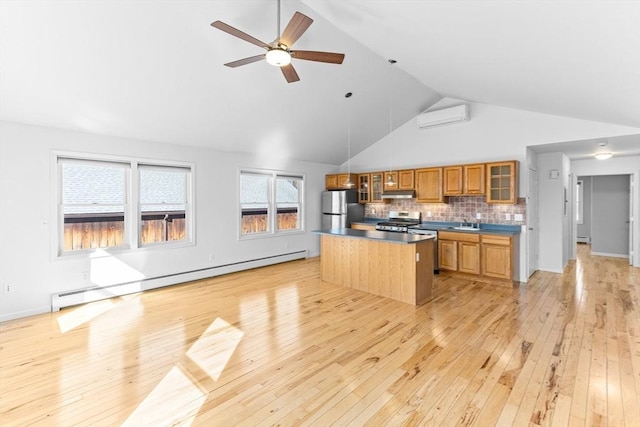 kitchen with a wall mounted AC, under cabinet range hood, a center island, appliances with stainless steel finishes, and a baseboard radiator