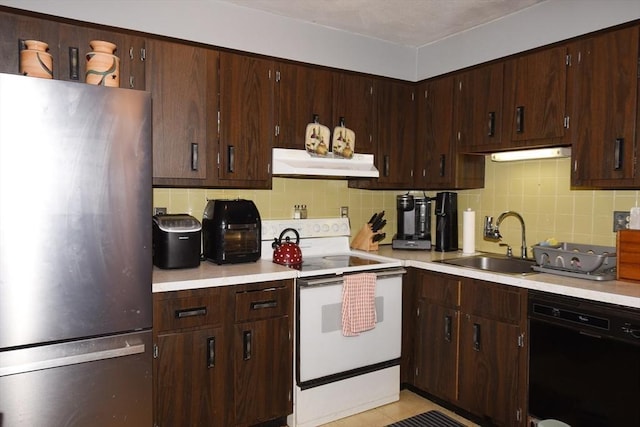 980 Plain St Unit 4, Marshfield, MA 02050 - kitchen with freestanding refrigerator, white range with electric cooktop, dishwasher, exhaust hood, and light countertops