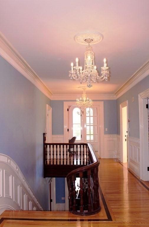 65 Central St, Andover, MA 01810 - dining room featuring a chandelier, ornamental molding, a wainscoted wall, wood finished floors, and a decorative wall