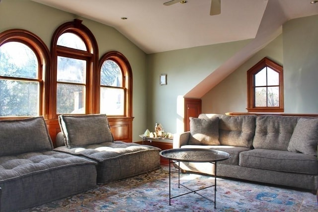 65 Central St, Andover, MA 01810 - living area with lofted ceiling and a ceiling fan
