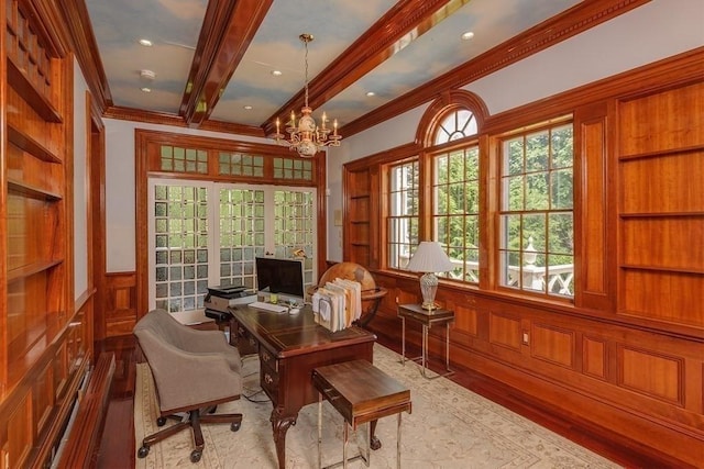 65 Central St, Andover, MA 01810 - office space featuring ornamental molding, wood finished floors, a chandelier, a wainscoted wall, and beamed ceiling