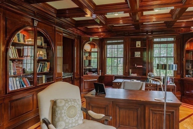65 Central St, Andover, MA 01810 - home office with crown molding, wood walls, plenty of natural light, coffered ceiling, and beamed ceiling