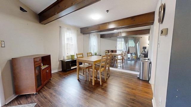 dining area with beam ceiling, dark wood-style floors, and baseboards