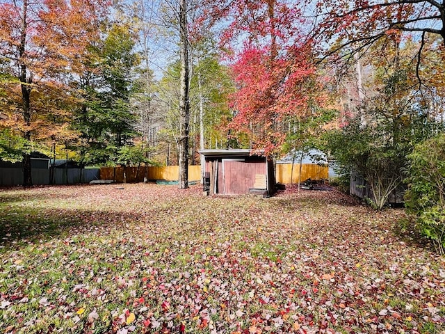 view of yard featuring a storage unit