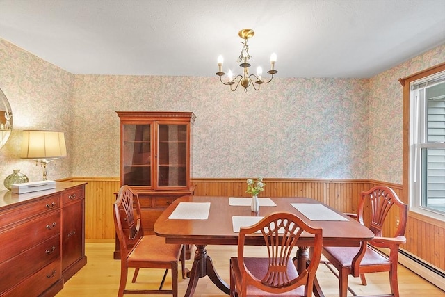 165 Bayberry Hill Ln Unit 165, Leominster, MA 01453 - dining space featuring light wood-style flooring, a wainscoted wall, a chandelier, wooden walls, and baseboard heating
