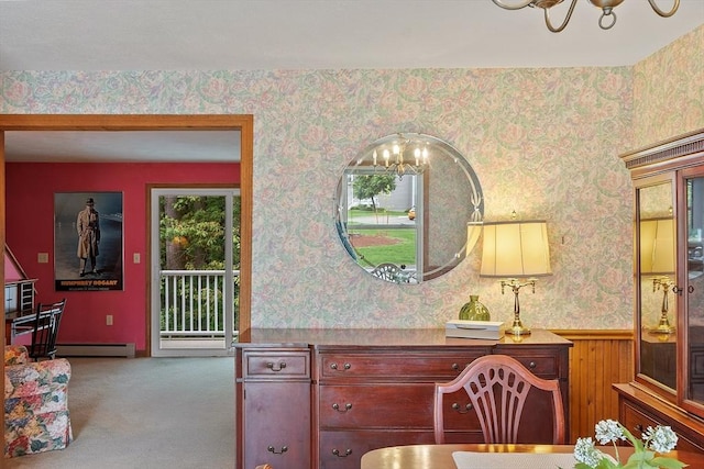 165 Bayberry Hill Ln Unit 165, Leominster, MA 01453 - carpeted dining area featuring wallpapered walls, a baseboard radiator, wainscoting, and a chandelier