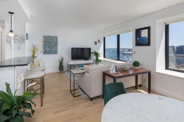 living room featuring light wood-type flooring and baseboards