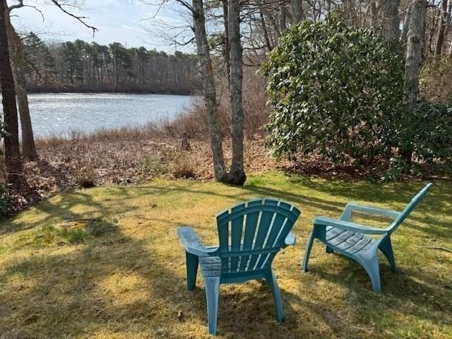 view of yard featuring a water view and a wooded view