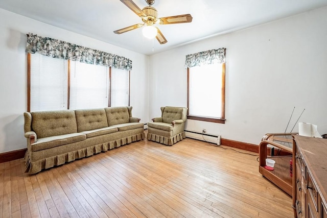 sitting room with ceiling fan, light wood-type flooring, and baseboard heating