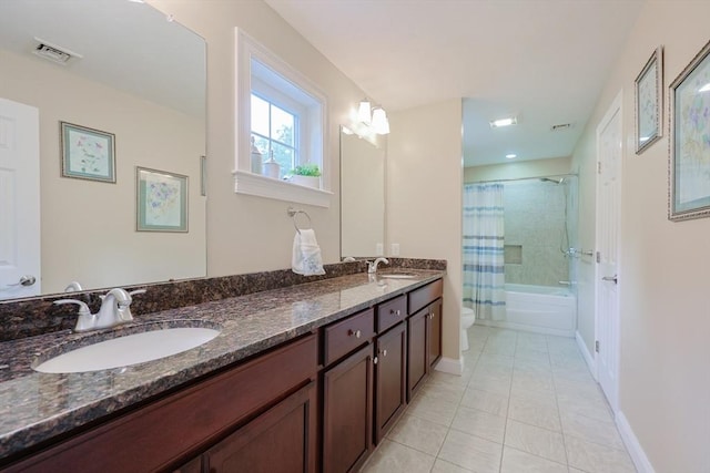 37 Sandy Ridge Rd, Sterling, MA 01564 - bathroom with toilet, double vanity, tile patterned floors, shower / bath combo with shower curtain, and baseboards