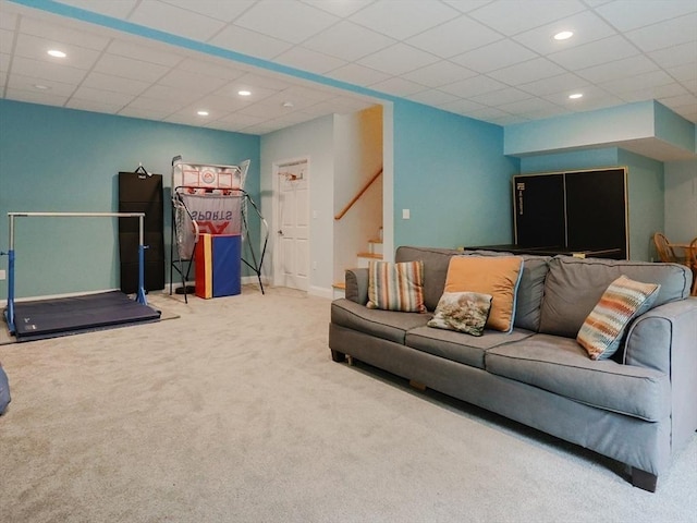 37 Sandy Ridge Rd, Sterling, MA 01564 - living room featuring carpet floors, stairway, recessed lighting, baseboards, and a drop ceiling