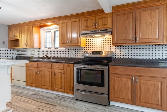 40 Fenimore Blvd, Springfield, MA 01108 - kitchen with electric stove, under cabinet range hood, a sink, tasteful backsplash, and brown cabinets