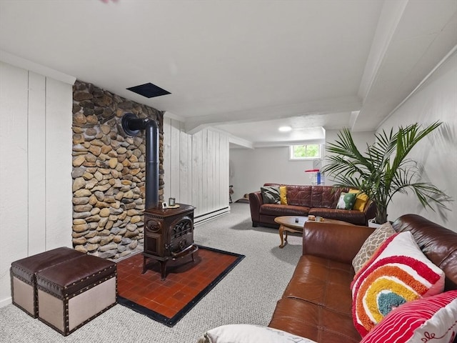 14 Riverside Dr, North Reading, MA 01864 - living room with carpet, a wood stove, and wooden walls