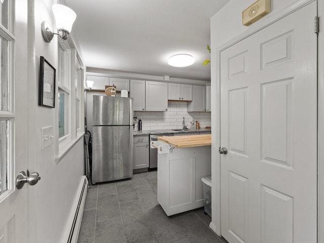 14 Riverside Dr, North Reading, MA 01864 - kitchen featuring stainless steel appliances, wood counters, a sink, baseboard heating, and gray cabinets