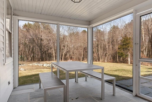 unfurnished sunroom featuring wooden ceiling