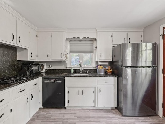 20 Dunshire Dr, Chelmsford, MA 01863 - kitchen featuring freestanding refrigerator, black dishwasher, white cabinets, and light wood-type flooring