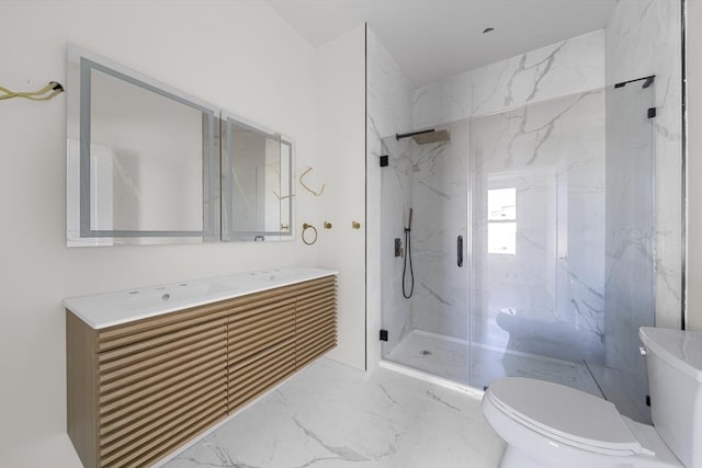 546 Saratoga Unit 1, Boston, MA 02128 - full bathroom with toilet, marble look tiles, a marble finish shower, and vanity