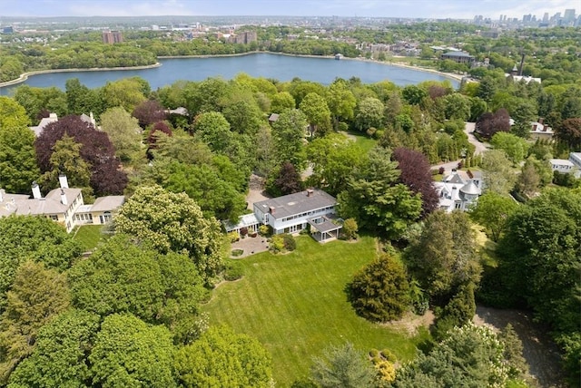 drone / aerial view with a water view