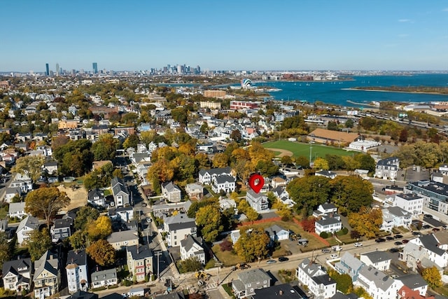 aerial view featuring a water view