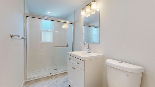 bathroom with vanity, an enclosed shower, and toilet