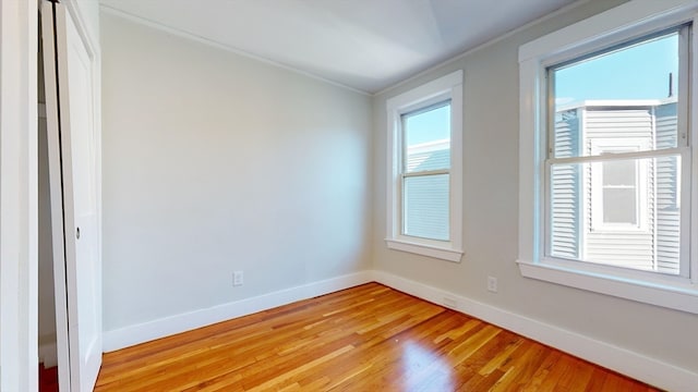 spare room featuring light hardwood / wood-style flooring and ornamental molding