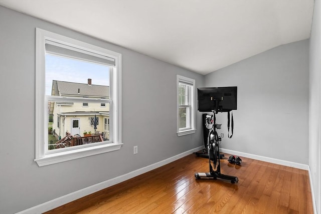 55 Rosemont Rd, Weymouth, MA 02191 - exercise room with vaulted ceiling and hardwood / wood-style flooring