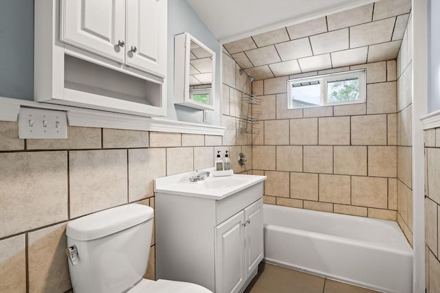 55 Rosemont Rd, Weymouth, MA 02191 - bathroom with vanity, bathtub / shower combination, tile walls, and tile patterned flooring